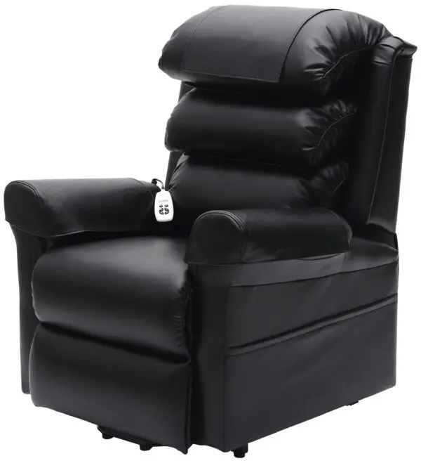 The Walmesley Dual Motor Rise & Recliner Chair Fabric/PU features layered back cushions and an attached remote control on the armrest.
