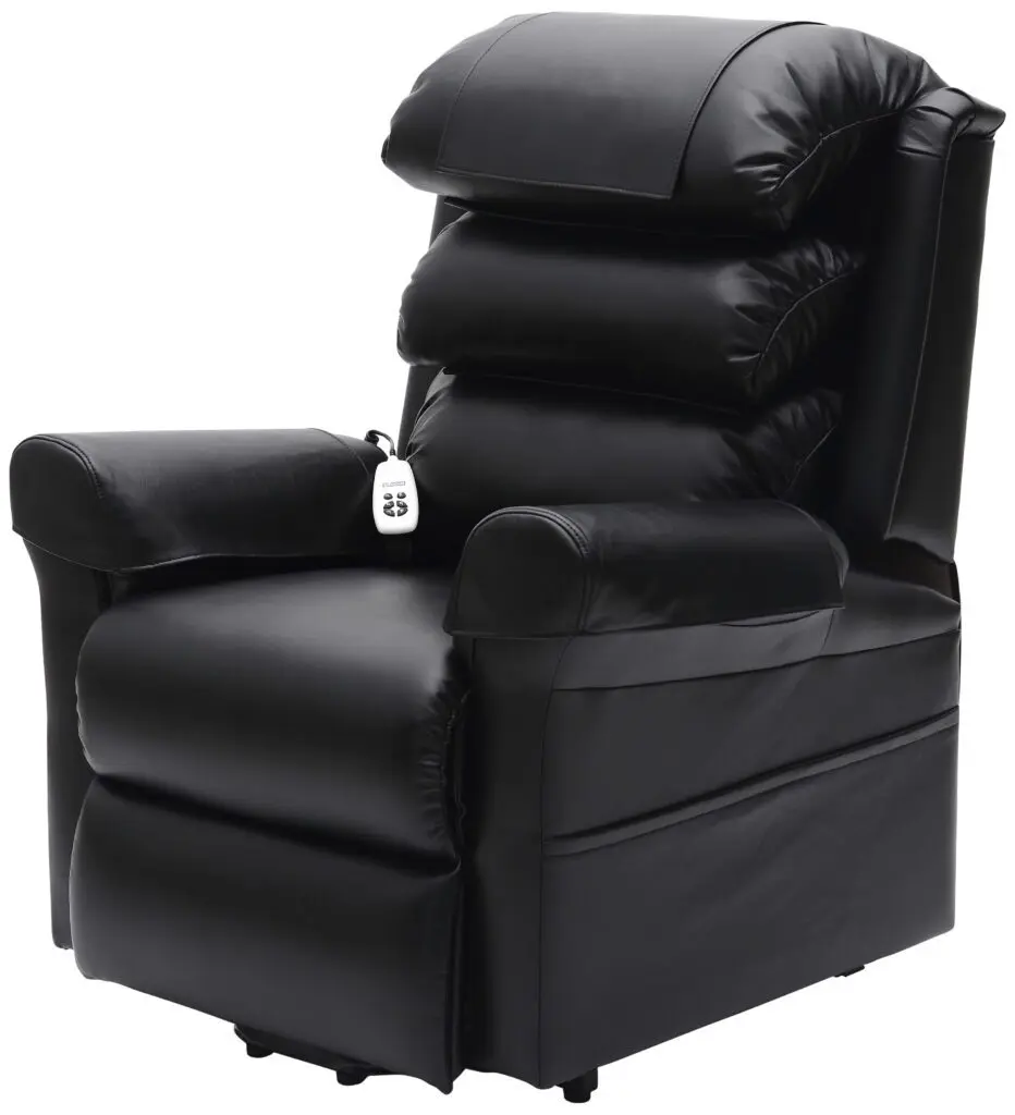 The Walmesley Dual Motor Rise & Recliner Chair Fabric/PU features layered back cushions and an attached remote control on the armrest.