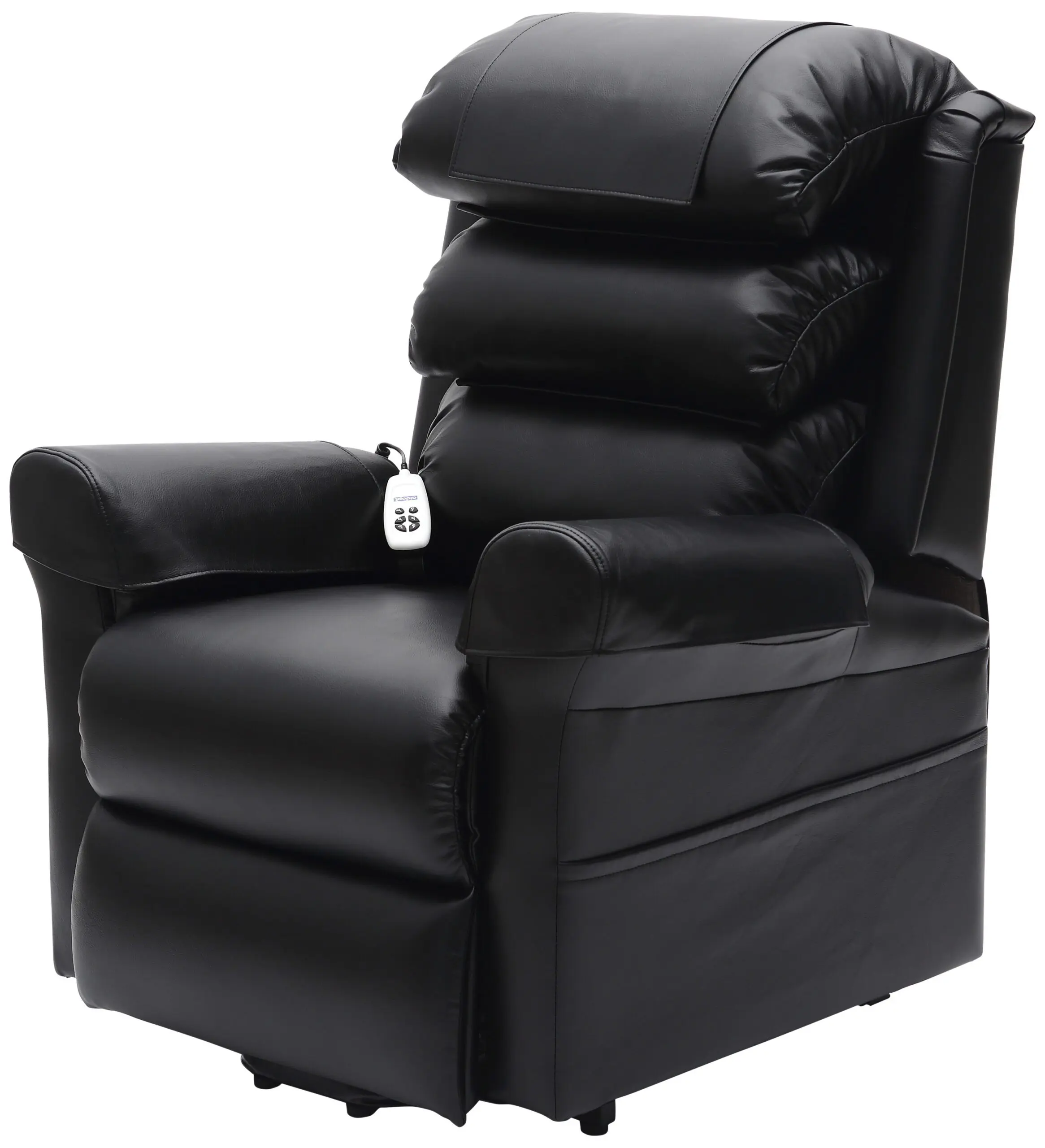 The Walmesley Dual Motor Rise & Recliner Chair Fabric/PU features layered back cushions and an attached remote control on the armrest.