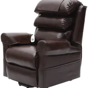 The Walmesley Dual Motor Rise & Recliner Chair Fabric/PU features a dark brown leather finish, padded backrest, wide armrests, and an attached remote control on the right side.