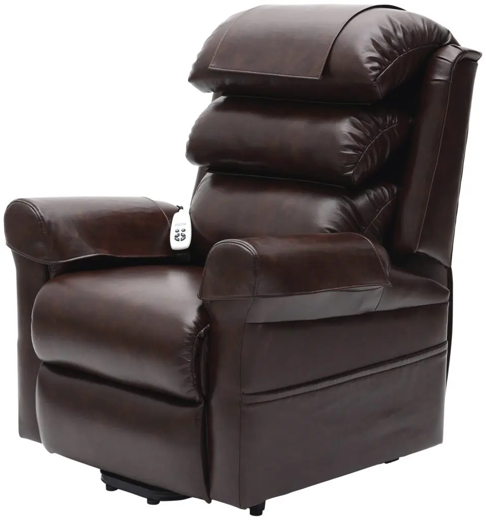 The Walmesley Dual Motor Rise & Recliner Chair Fabric/PU features a dark brown leather finish, padded backrest, wide armrests, and an attached remote control on the right side.