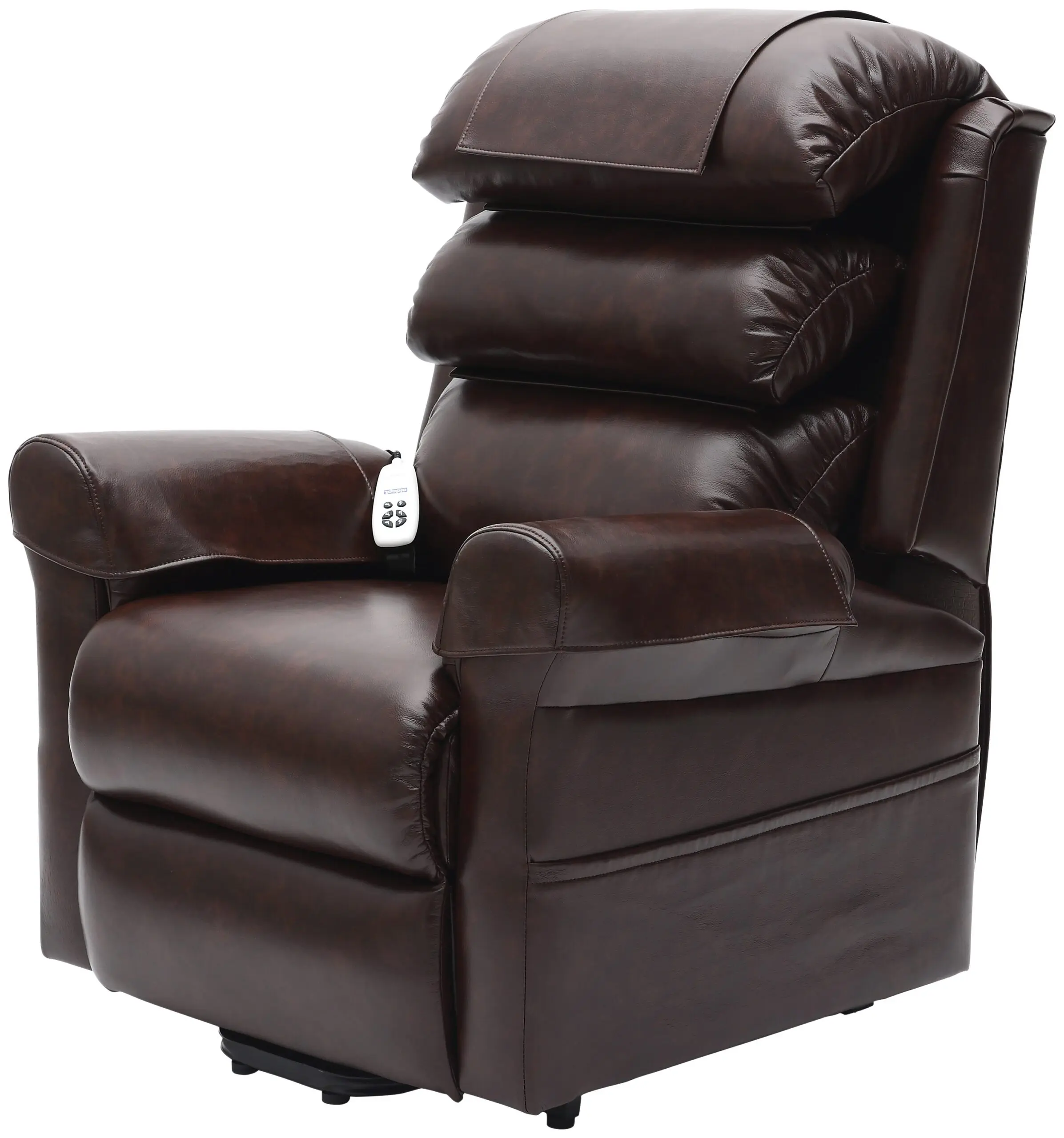 The Walmesley Dual Motor Rise & Recliner Chair Fabric/PU features a dark brown leather finish, padded backrest, wide armrests, and an attached remote control on the right side.