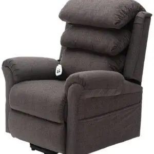 The Walmesley Dual Motor Rise & Recliner Chair Fabric/PU features plush brown fabric upholstery and a remote control conveniently attached to the right armrest for easy reclining.