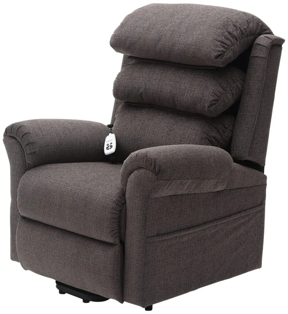 The Walmesley Dual Motor Rise & Recliner Chair Fabric/PU features plush brown fabric upholstery and a remote control conveniently attached to the right armrest for easy reclining.