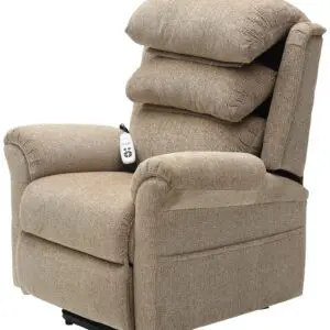The Walmesley Dual Motor Rise & Recliner Chair Fabric/PU comes in beige upholstery, includes a remote control, and features a cushioned backrest plus armrests for added comfort.