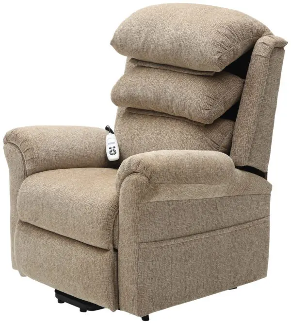 The Walmesley Dual Motor Rise & Recliner Chair Fabric/PU comes in beige upholstery, includes a remote control, and features a cushioned backrest plus armrests for added comfort.