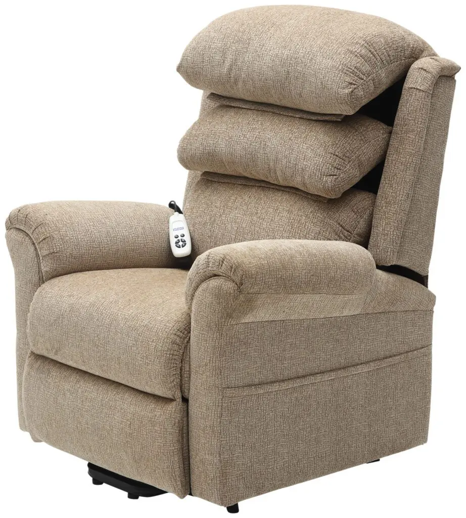 The Walmesley Dual Motor Rise & Recliner Chair Fabric/PU comes in beige upholstery, includes a remote control, and features a cushioned backrest plus armrests for added comfort.