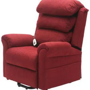 The Walmesley Dual Motor Rise & Recliner Chair Fabric/PU features a red upholstered design, cushioned backrest and armrests, plus a right-hand handheld remote control.