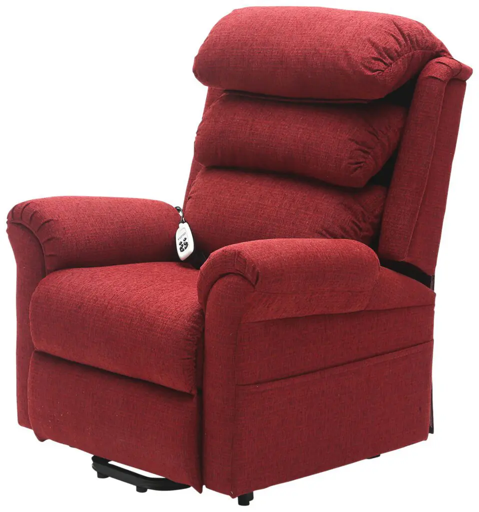 The Walmesley Dual Motor Rise & Recliner Chair Fabric/PU features a red upholstered design, cushioned backrest and armrests, plus a right-hand handheld remote control.