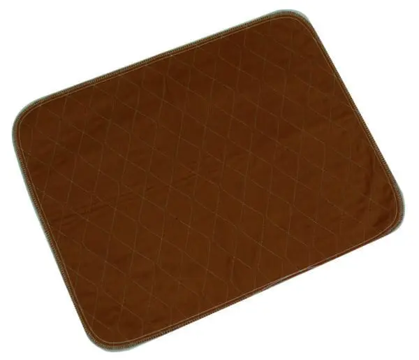 The Washable Chair Pad is a rectangular brown quilted mat with rounded corners and white diamond-pattern stitching along the surface and edges.