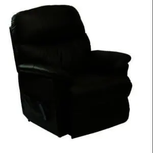 A dark brown leather recliner chair with padded armrests and a side pocket, set against a plain white background.