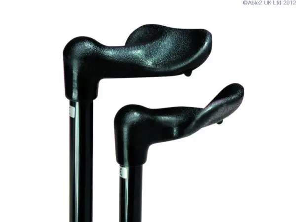 A folding, adjustable walking stick with a paisley design, called the Arthritis Grip Stick, photographed against a white background.
