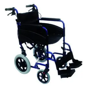 The Compact Transport Aluminium Wheelchair is a lightweight, foldable manual chair with a black seat, armrests, large rear wheels, small front wheels, and footrests.