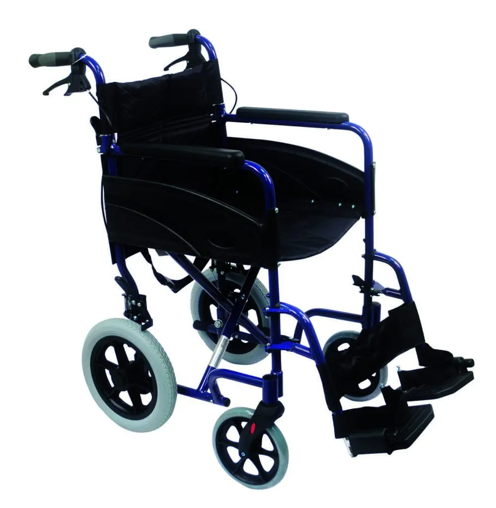 The Compact Transport Aluminium Wheelchair features a blue frame with black seat, armrests, leg rests, and large rear wheels, shown on a white background.