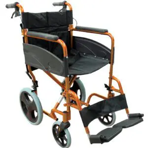 The Compact Transport Aluminium Wheelchair features an orange lightweight frame, black padded seat, armrests, footrests, and large rear wheels. It is shown angled on a plain white background.