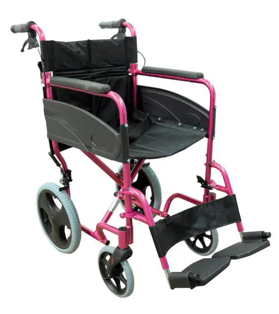 A pink, lightweight manual wheelchair with black seat, armrests, footrests, and large rear wheels.