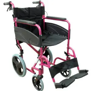 The Compact Transport Aluminium Wheelchair features a lightweight pink frame, black seat, armrests, footrests, and large rear wheels.