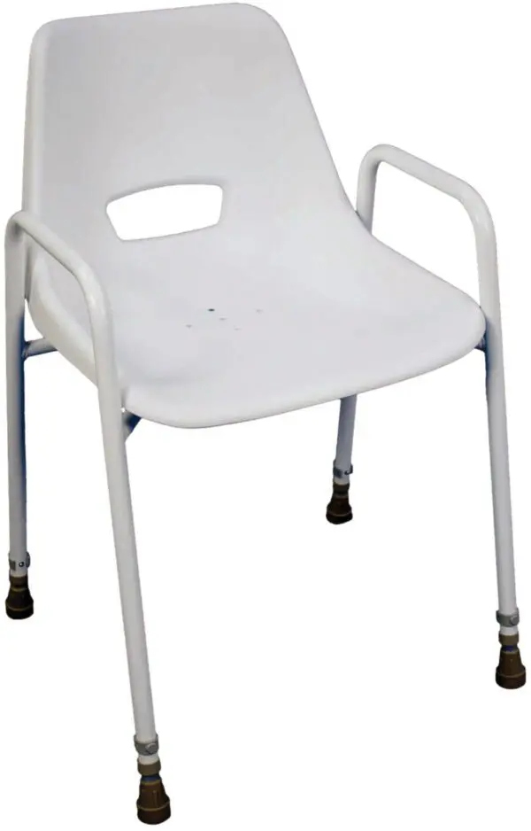 Milton Stackable Portable Shower Chair: White plastic chair with armrests and metal legs, each leg featuring a brown rubber tip.