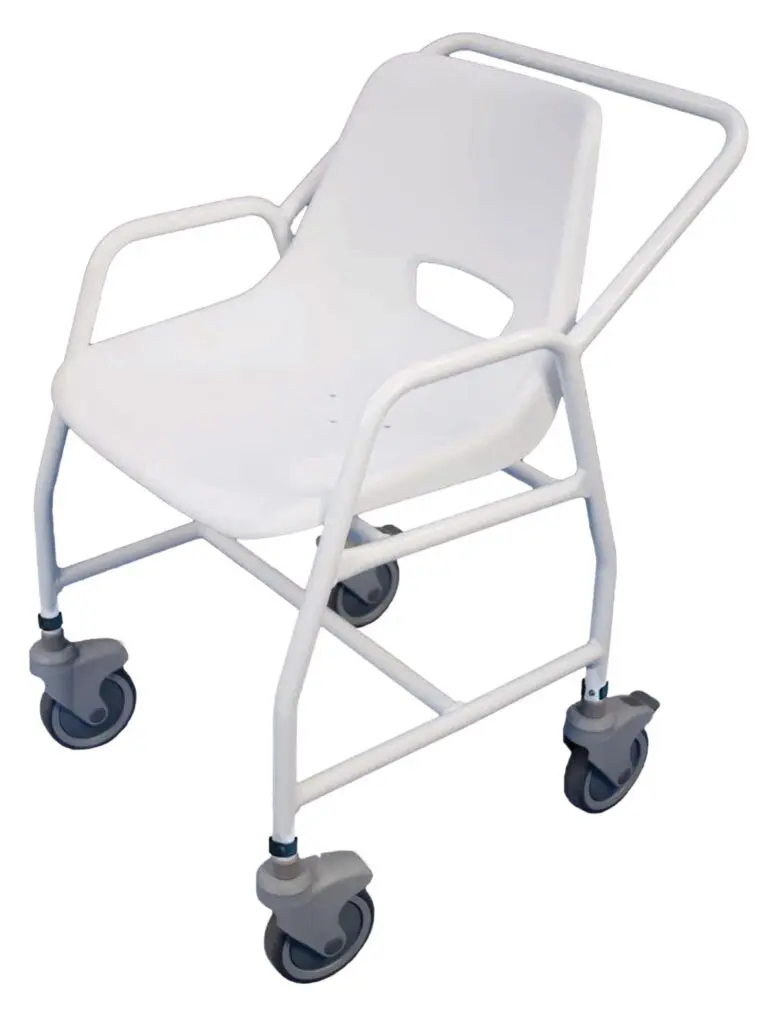 The Hythe Mobile Shower Chair with Castors features a white frame, large grey wheels, armrests, and a push handle for easy hospital transport.