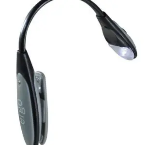 The LED Clip Light is a small, flexible reading light with a curved neck and a black and grey plastic body that easily clips onto surfaces.