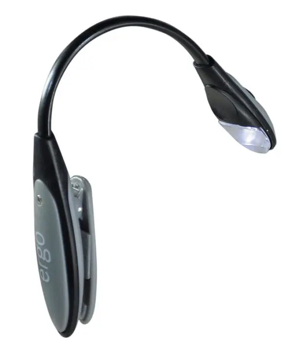 The LED Clip Light is a small, flexible reading light with a curved neck and a black and grey plastic body that easily clips onto surfaces.
