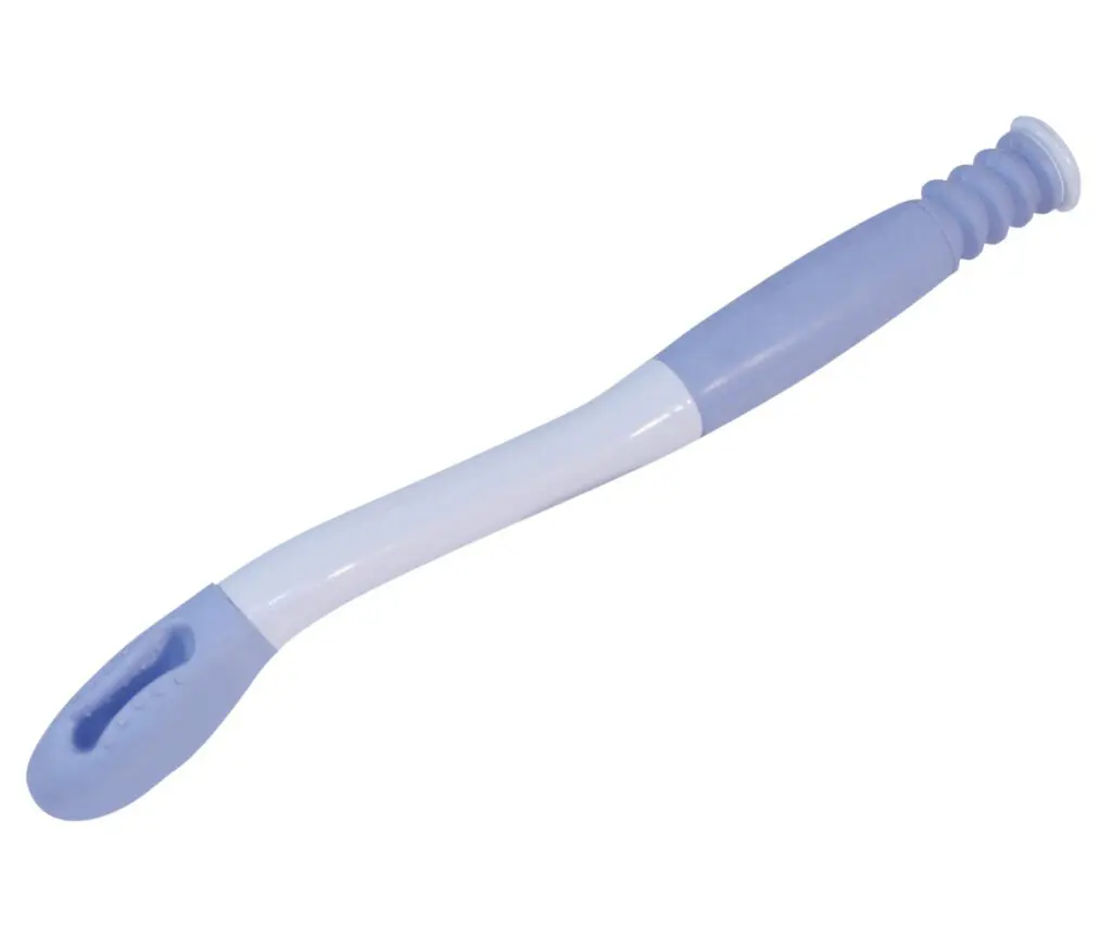 The Hygienic Bottom Wiper features a long, curved handle with a blue grip and a slotted end, designed to assist with personal cleansing.