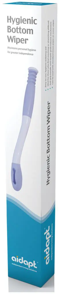A box containing a Hygienic Bottom Wiper, a long-handled personal hygiene aid, displayed with descriptive product text on its packaging.