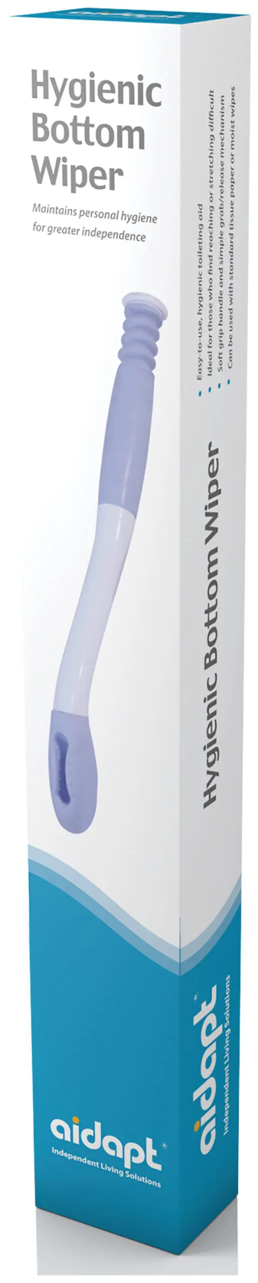 A box containing a Hygienic Bottom Wiper, a long-handled personal hygiene aid, displayed with descriptive product text on its packaging.