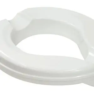White plastic raised toilet seat with a purple adjustable locking mechanism on the side, designed to fit on standard toilet bowls for added height and support.