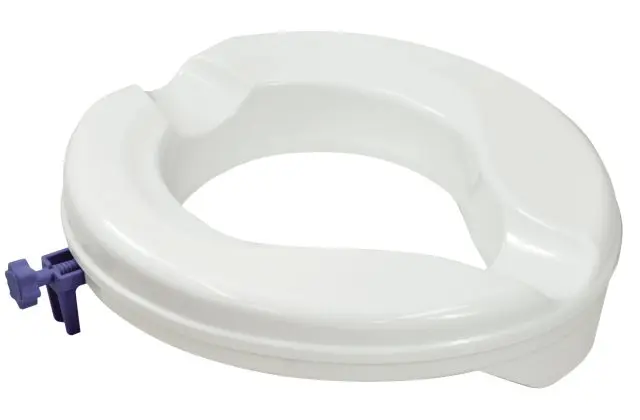 White plastic raised toilet seat with a purple adjustable locking mechanism on the side, designed to fit on standard toilet bowls for added height and support.