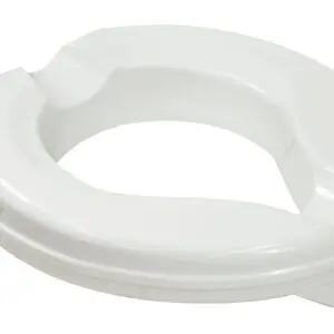 Raised Toilet Seats: a white, open-front seat with a side purple locking mechanism.