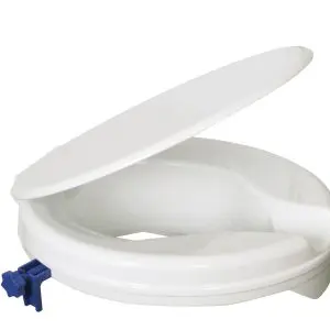 A white raised toilet seat with a lid, featuring a blue adjustable clamp for secure fitting.