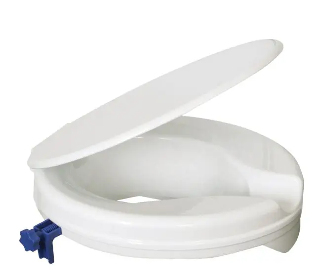 A white raised toilet seat with a lid, featuring a blue adjustable clamp for secure fitting.