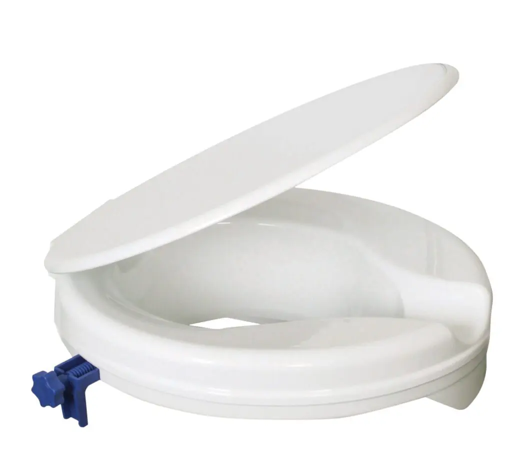 The Raised Toilet Seats features a white design with a partially open lid and a blue locking mechanism on the side.
