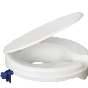 The Raised Toilet Seats features a white design with a partially open lid and a blue locking mechanism on the side.