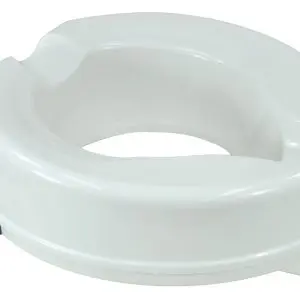 A white plastic raised toilet seat with a purple locking mechanism on the side.
