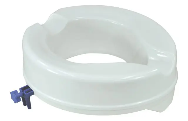 A white plastic raised toilet seat with a purple locking mechanism on the side.