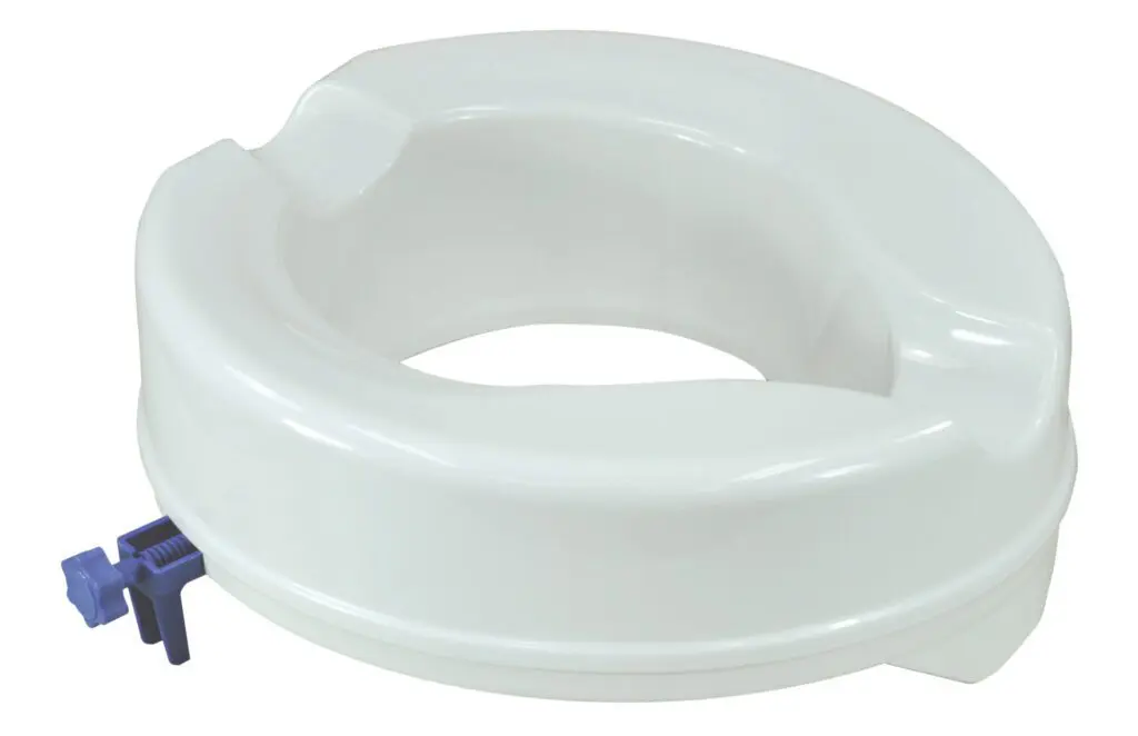 Raised Toilet Seats feature a blue side locking mechanism and are designed to fit over standard toilets for added height.