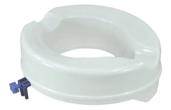 Raised Toilet Seats feature a blue side locking mechanism and are designed to fit over standard toilets for added height.