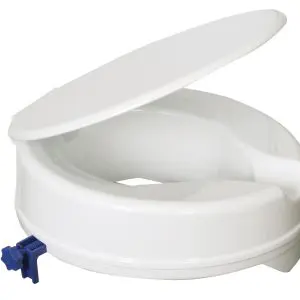 White raised toilet seat with a lid, featuring a blue side clamp for securing onto a standard toilet.