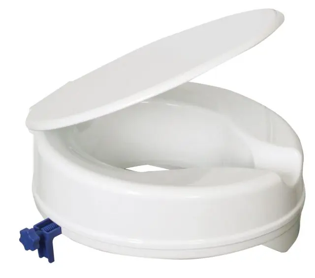 White raised toilet seat with a lid, featuring a blue side clamp for securing onto a standard toilet.