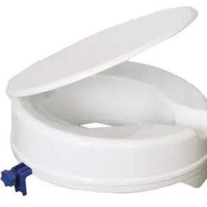 The Raised Toilet Seats is a white model with a lid, featuring a blue side locking mechanism for secure fitting.