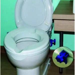 A Raised Toilet Seat in white with a blue adjustable safety catch is shown, featuring a detailed inset highlighting the seat fitting.