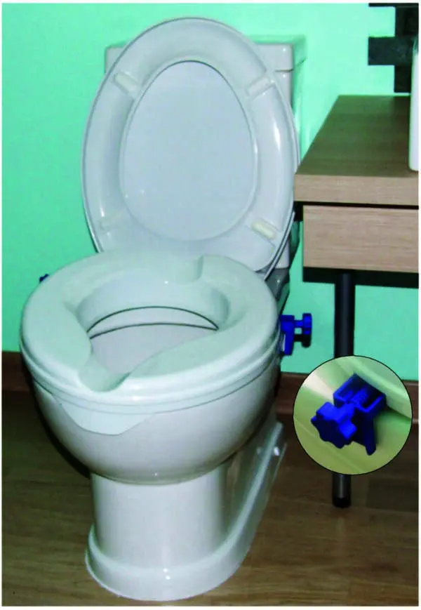 A Raised Toilet Seat in white with a blue adjustable safety catch is shown, featuring a detailed inset highlighting the seat fitting.