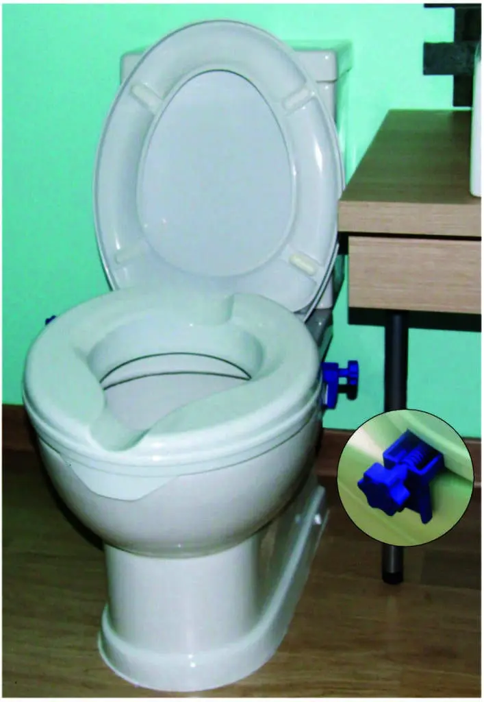 A Raised Toilet Seat in white with a blue adjustable safety catch is shown, featuring a detailed inset highlighting the seat fitting.