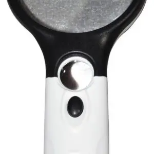 The Eagle Handheld Magnifier with LED Light features a black rim, white handle, built-in button, and a small light below the lens for enhanced viewing.