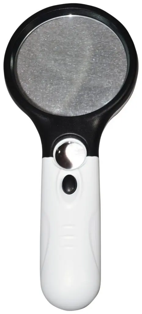 The Eagle Handheld Magnifier with LED Light features a black rim, white handle, built-in button, and a small light below the lens for enhanced viewing.
