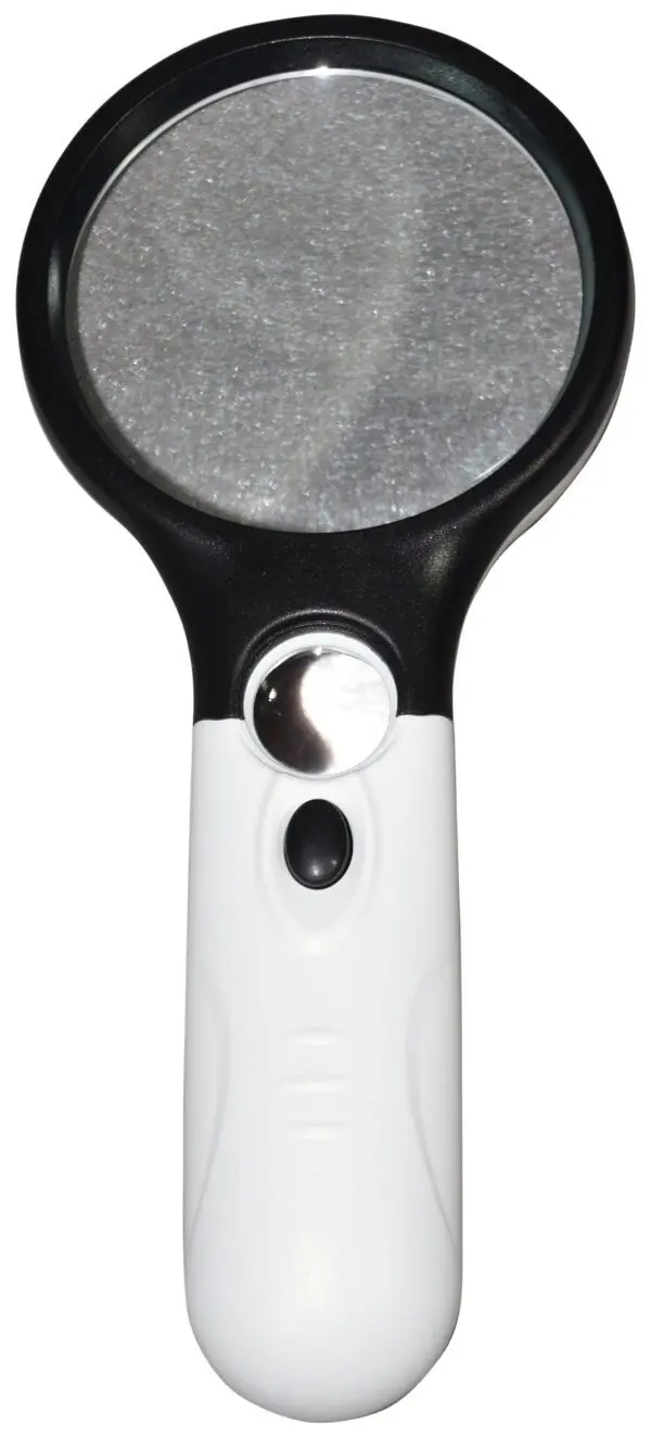 The Eagle Handheld Magnifier with LED Light features a black rim, white handle, built-in button, and a small light below the lens for enhanced viewing.