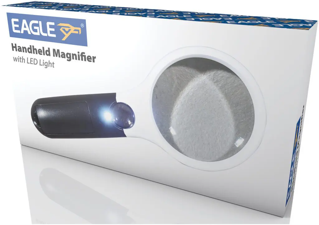 Box featuring the Eagle Handheld Magnifier with LED Light, displaying an image of the magnifier on its packaging.