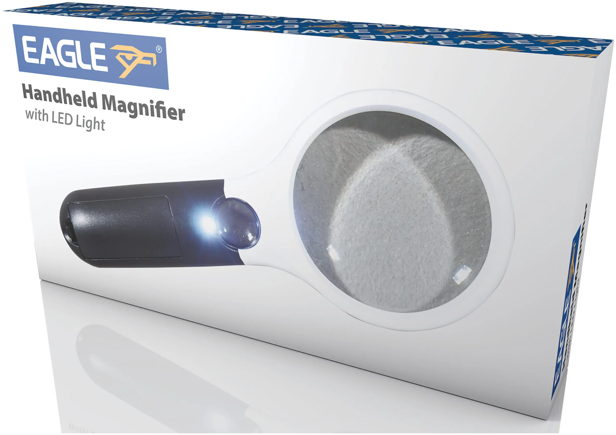 Box featuring the Eagle Handheld Magnifier with LED Light, displaying an image of the magnifier on its packaging.